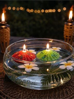 Set of 2 Pottery Barn Floating Umbrella Candles Red‎ & Green